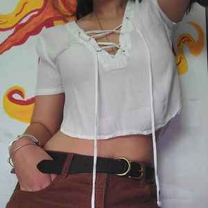 White lace up crop top